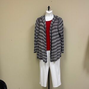 Eileen Fisher Gray Striped Cardigan with Red Top and White Pants